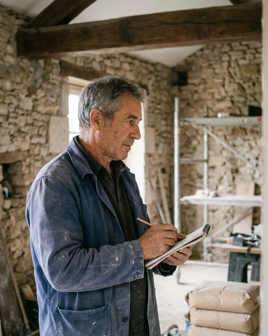 Artisan sur chantier, tablette à la main