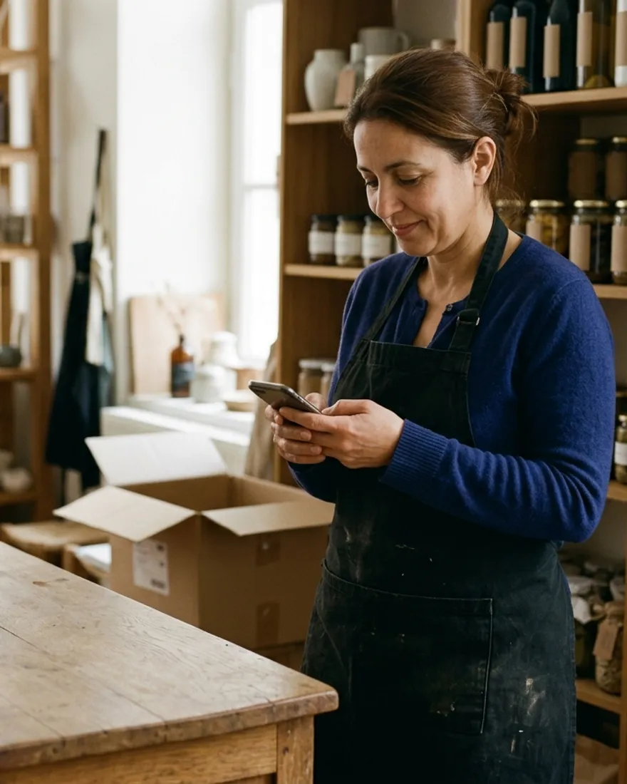 Gérante de boutique devant sa vitrine, téléphone en main