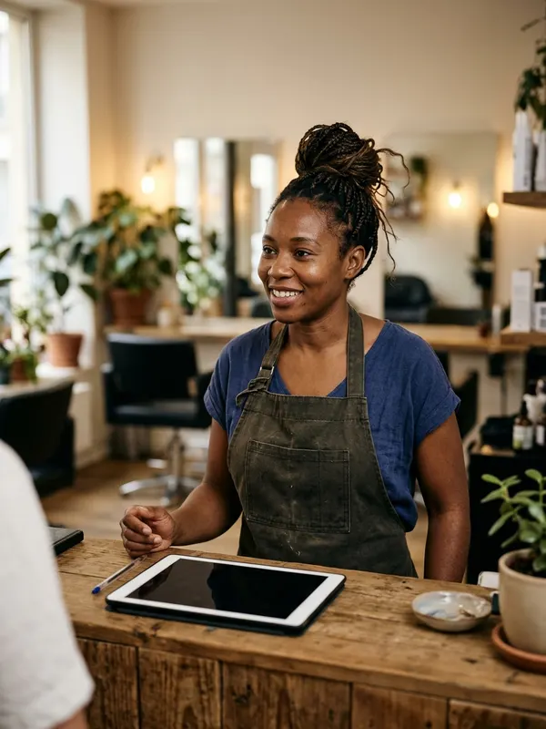 Coiffeuse qui accueille une cliente au comptoir
